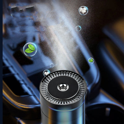 Black cylindrical vehicular humidifier with a silver trim and a vertical indicator light on a white background. - Image 5