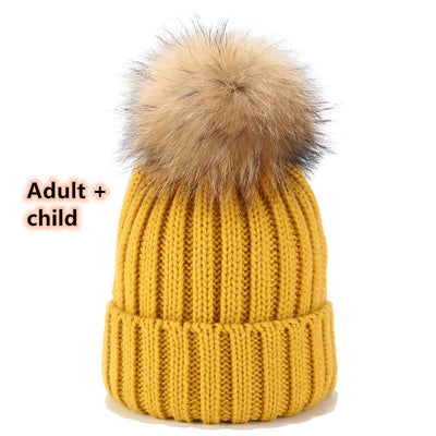 Gorro Tejido de Pelota de Pelo Real con Mapache - Juego para Padres e Hijos - Image 14