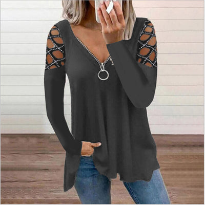 Blusa Casual para Mujer con Escote V y Mangas Caladas con Cristales - Image 8