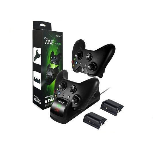 Black dual charging dock for Xbox One wireless controllers with an LED display, shown with two black controllers.