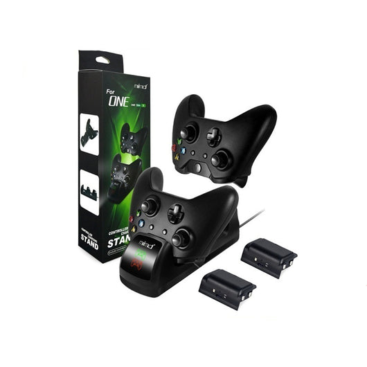 Black dual charging dock for Xbox One wireless controllers with an LED display, shown with two black controllers.