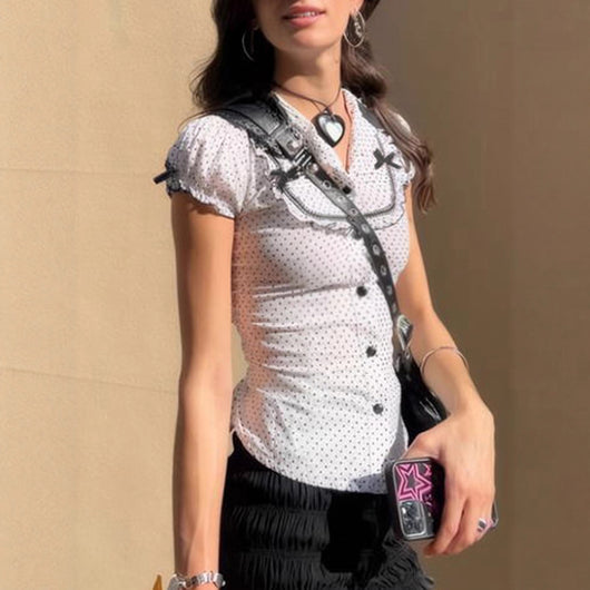 Blusa Estilo Francés con Moño y Lunares - Image 3