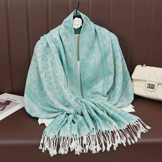 Chal de Lujo Ligero con Jacquard y Borlas de Cachemira - Image 11