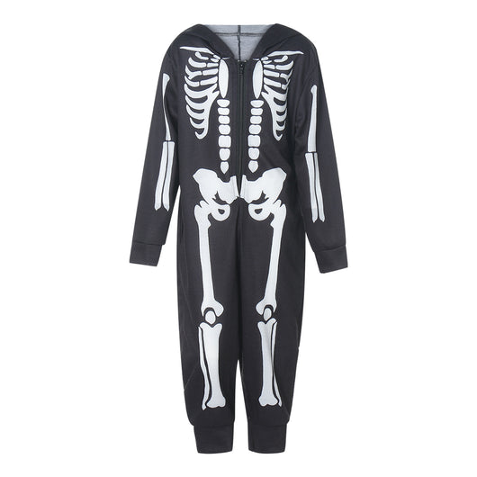 Black hooded one-piece skeleton pajamas with white bone print and front zipper, perfect for Halloween. - Image 14