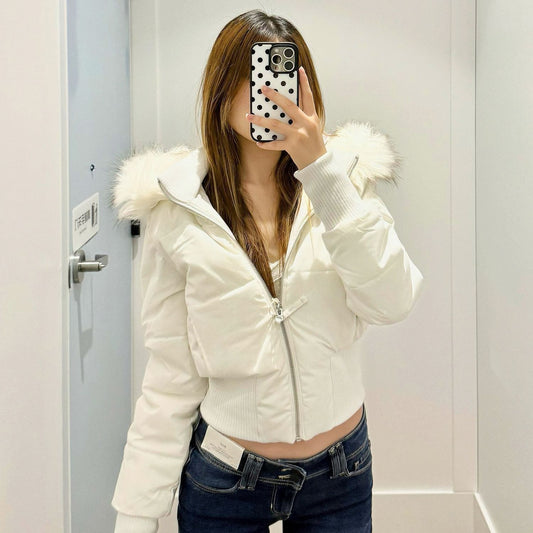 Chaqueta Corta Retro Americana con Cuello de Pelaje para Mujer