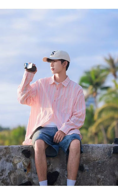 Camisa de Manga Larga Protección Solar Holgada a Rayas para Hombre - Image 11