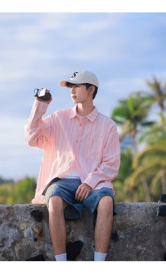 Camisa de Manga Larga Protección Solar Holgada a Rayas para Hombre - Image 11