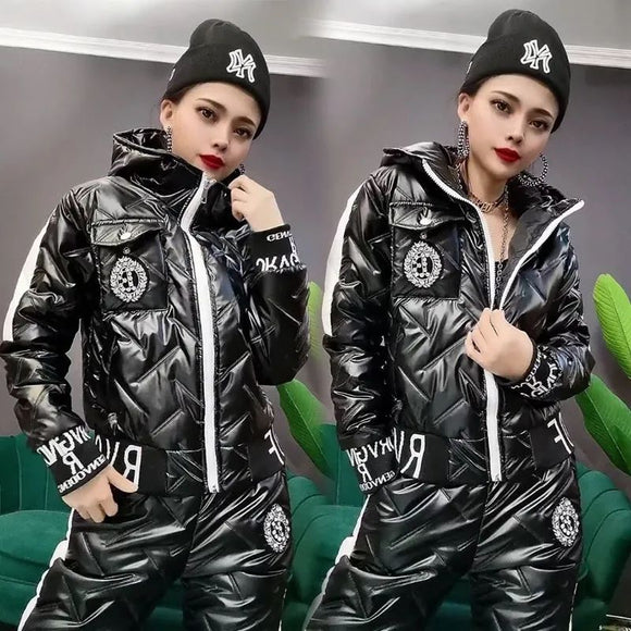 Conjunto Casual de Abrigo Acolchado con Capucha y Pantalón de Algodón para Mujer