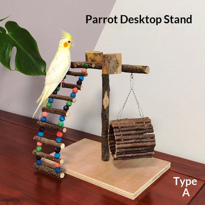 Solid wood parrot stand with multiple natural branch perches and a pinecone, featuring a cockatiel. - Image 17