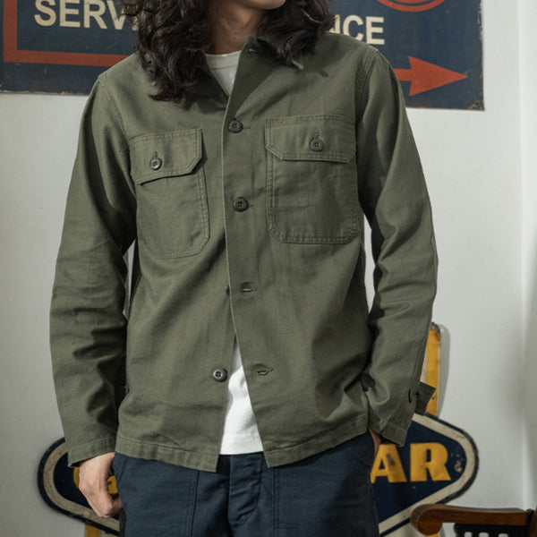 Camisa de Trabajo Algodón Satinado Verde Oliva para Hombre