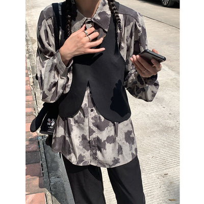 Blusa Manga Larga Estampado Leopardo Bloques de Color Negro Gris Botones Cadena Mujer - Image 10