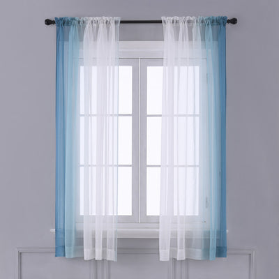 Pink and white gradient sheer rod pocket curtain panels hung on a black rod in front of a window.