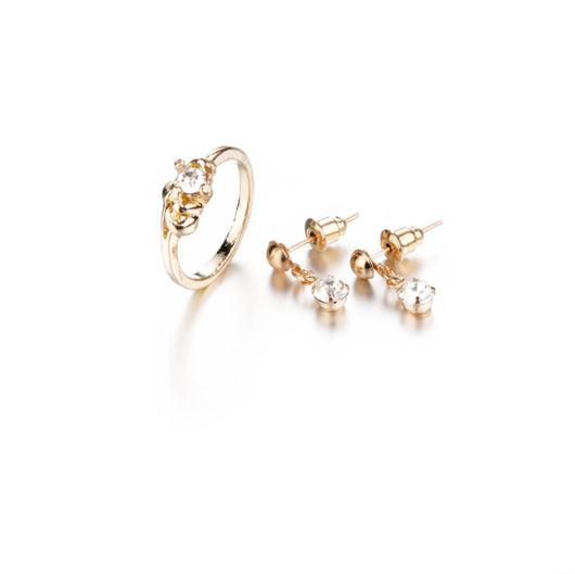 Rose gold-toned jewelry set with an elephant pendant necklace, matching rhinestone drop earrings, and a heart-knot ring. - Image 8