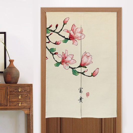 Chinese style fabric door curtain with cherry blossoms, colorful lanterns, and a white cat walking on a beige background. - Image 8