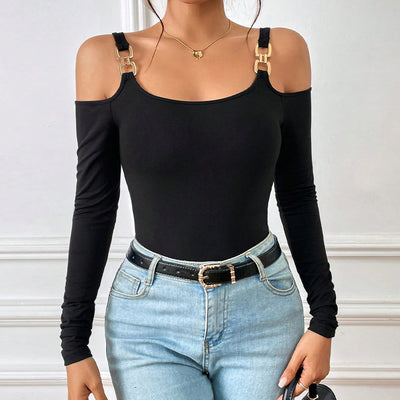 Blusa Sexy Tirantes Metálicos Hombro Descubierto Manga Larga - Image 2