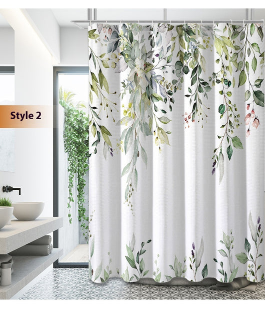 White shower curtain with a vibrant green botanical leaf print, hanging in a bright, modern bathroom. - Image 14