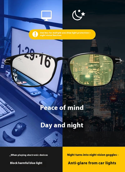 Purple frame glasses with yellow night vision lenses, featuring a subtle glitter effect on the temples. - Image 19