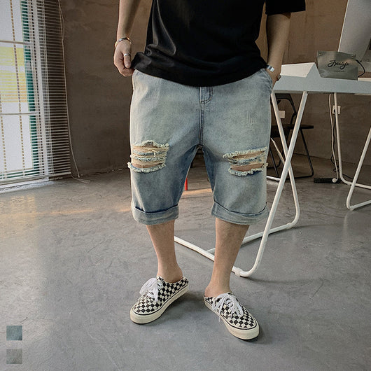 Pantalones Cortos Denim Holgados Lisos Hip-hop Estilo Japonés para Hombre - Image 9