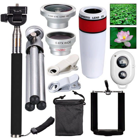 Kit de Lentes 3 en 1 con Palo Selfie: Teleobjetivo, Gran Angular, Macro y Fisheye