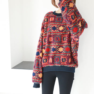 Blusa Pullover Cuello Redondo Lana de Cordero Estilo Étnico Estampado Retro - Image 4