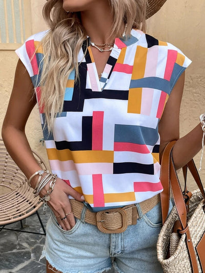 Blusa Estampada con Cuello en V y Mangas Abullonadas para Mujer - Image 2