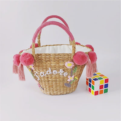 Bolsa de Paja Bordada con Detalles de Letras y Pompones para Mujer - Image 5