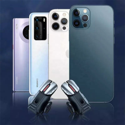 Pair of black and silver G21 six-finger auxiliary firing mobile gaming triggers with red accents on a blue surface. - Image 5