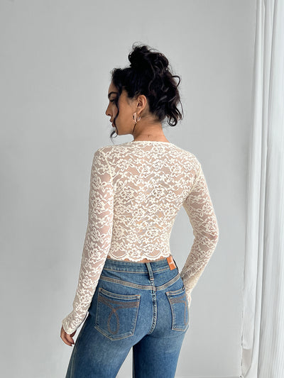 Blusa de Encaje Escote V Manga Larga Colores Sólidos - Image 8