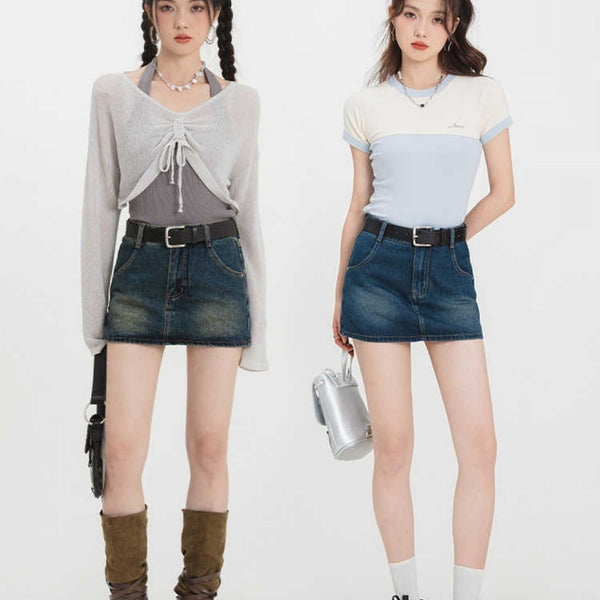 Falda Corta Denim Estilo Retro A-Line