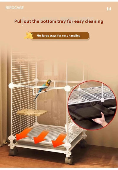 White single-layer bird cage with transparent sides, wire door, perches, bells, and a tunnel, on wheels. - Image 13