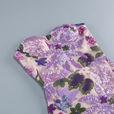 Vestido Bandeau Morado con Lentejuelas Bordadas y Ajuste Slim - Image 11