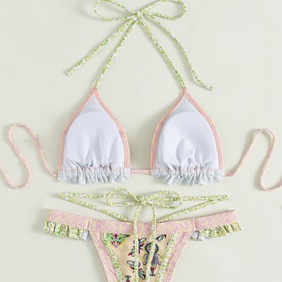 Teal bohemian print bikini with halter neck top, ruffled edges, and high-cut bottom with side straps. - Image 11