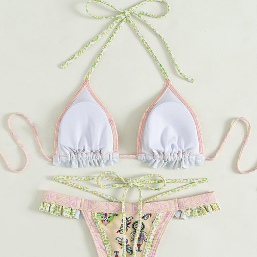 Teal bohemian print bikini with halter neck top, ruffled edges, and high-cut bottom with side straps. - Image 11