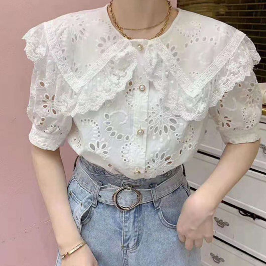 Blusa de Encaje Blanco con Cuello Muñeca y Solapa Grande para Mujer - Image 9