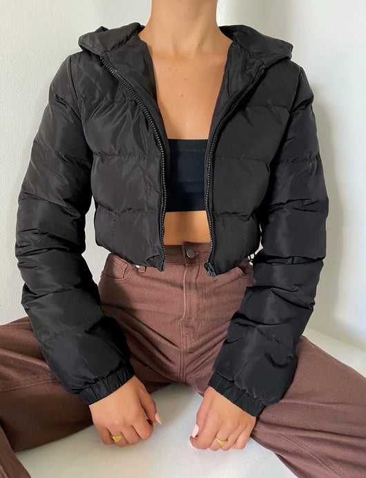 Chaqueta Puffer Corta Multicolor de Algodón con Capucha para Mujer - Image 19
