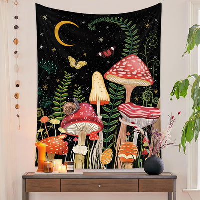 European retro mushroom tapestry with a starry night sky, crescent moon, butterflies, and various colorful fungi and plants. - Image 5
