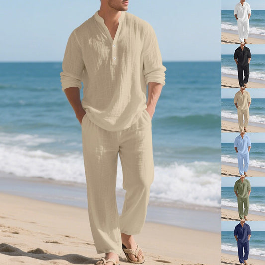 Conjunto de Pantalón y Camiseta Henley Suelta Transpirable para Hombre - Ropa de Playa Casual