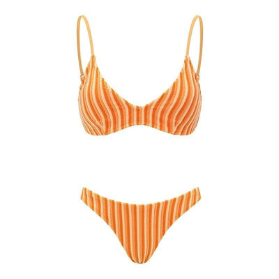 Orange and light orange striped bikini bottom with a ribbed texture and elastic waistband, ideal for beach vacations. - Image 6