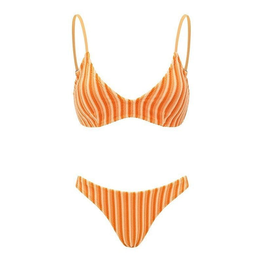 Orange and light orange striped bikini bottom with a ribbed texture and elastic waistband, ideal for beach vacations. - Image 6