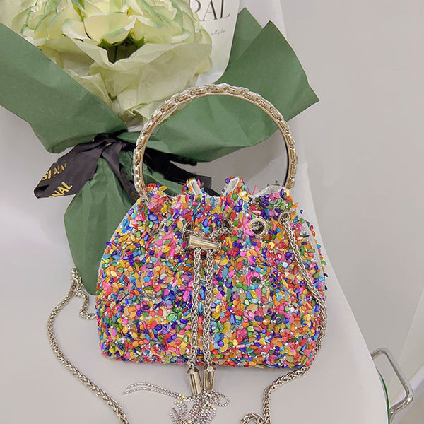 Bolso de Hombro Tipo Cubo con Lentejuelas y Borlas Brillante
