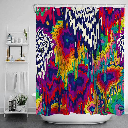 Vibrant psychedelic shower curtain with an abstract digital print featuring an elephant head and cannabis leaves in bright colors. - Image 27