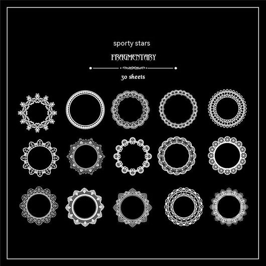 Set of 15 white lace-patterned circular stickers with intricate designs, labeled "North Star Arch" and "30 sheets." - Image 5