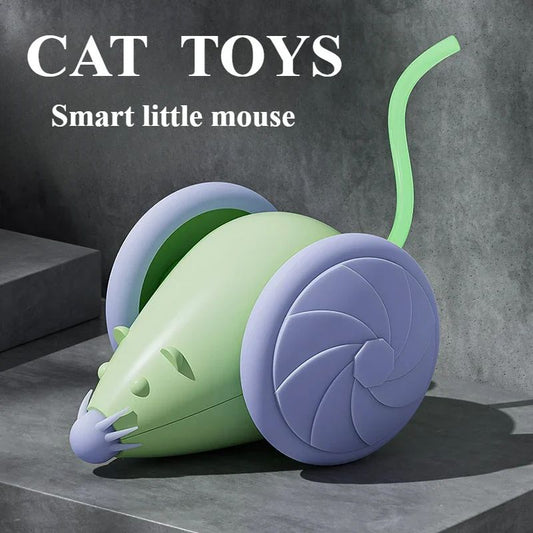 White and grey electric mouse cat toy with large wheels, a glowing blue tail, and a USB charging cable.