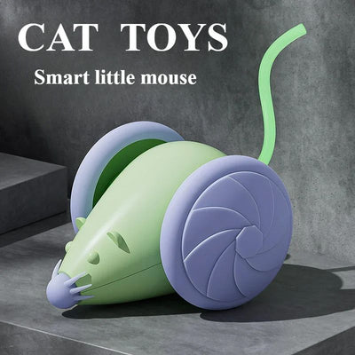 White and grey electric mouse cat toy with large wheels, a glowing blue tail, and a USB charging cable.