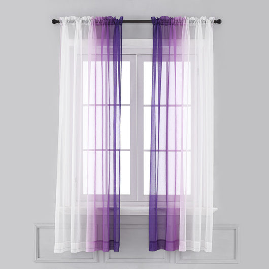 Pink and white gradient sheer rod pocket curtain panels hung on a black rod in front of a window. - Image 10