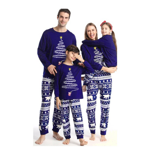 Blue long-sleeved baby romper with a white Christmas tree and Santa Claus design, featuring snap closures.