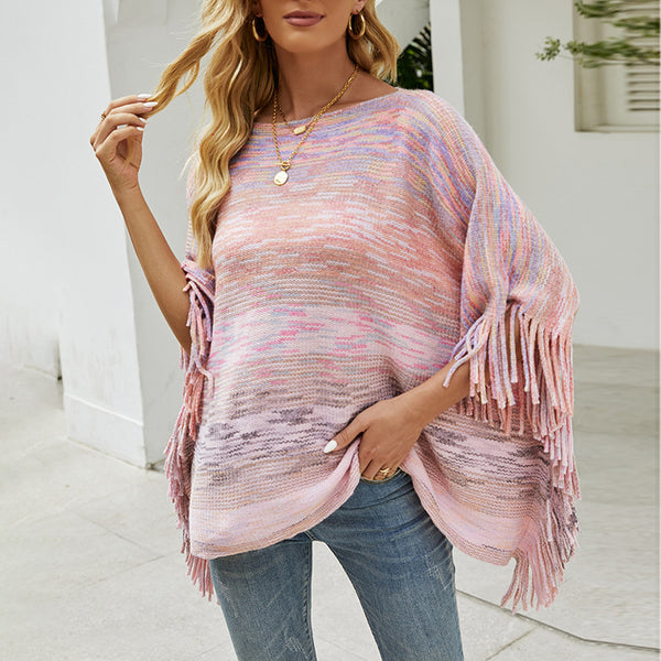 Poncho Suéter Rayas con Fleco - Abrigo Elegante y Versátil