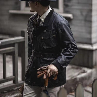 Chaqueta Impermeable de Cuero Encerado Estilo Motociclista Retro para Hombre - Image 11