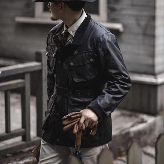 Chaqueta Impermeable de Cuero Encerado Estilo Motociclista Retro para Hombre - Image 11