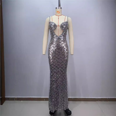 Vestido Largo Elegante Espalda Descubierta con Lentejuelas y Tirantes - Image 5